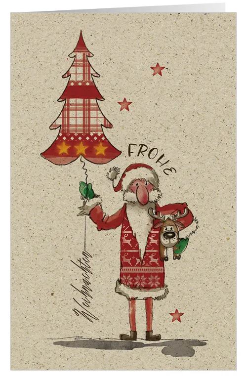 Humorvolle Weihnachtskarte "Fliegender Tannenbaum" aus nachhaltigem Graspapier-Karton im rustikalen Design