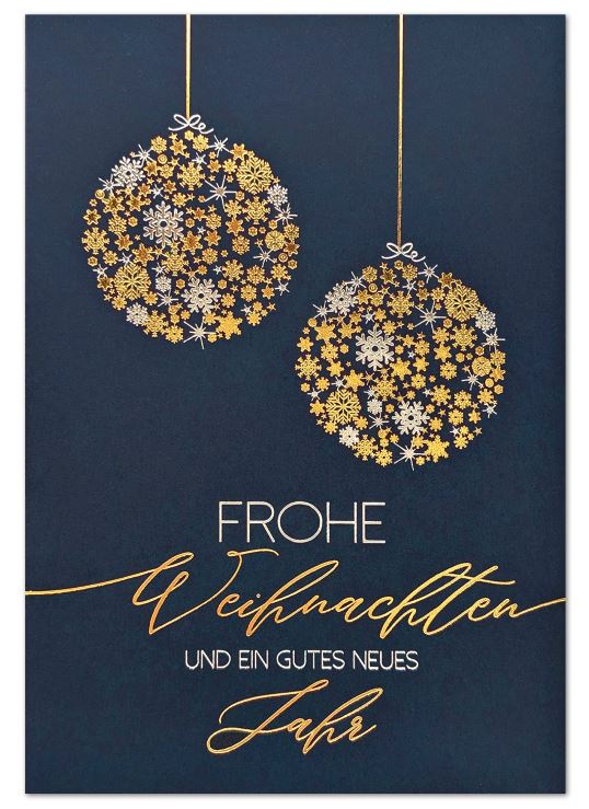 Elegante Weihnachtskarte in blau mit Gold- und Silberfoliendruck von hängenden Weihnachtskugeln und Gruß
