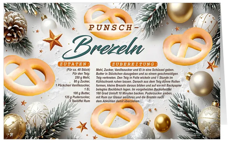 Rezept-Weihnachtskarte "Winter Genuss" mit Zutatenliste und Zubereitung für leckere Punsch-Brezeln