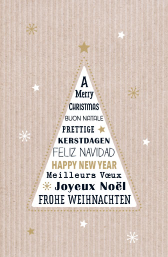 Weihnachtskarte mit mehrsprachigen Münschen in Baumform