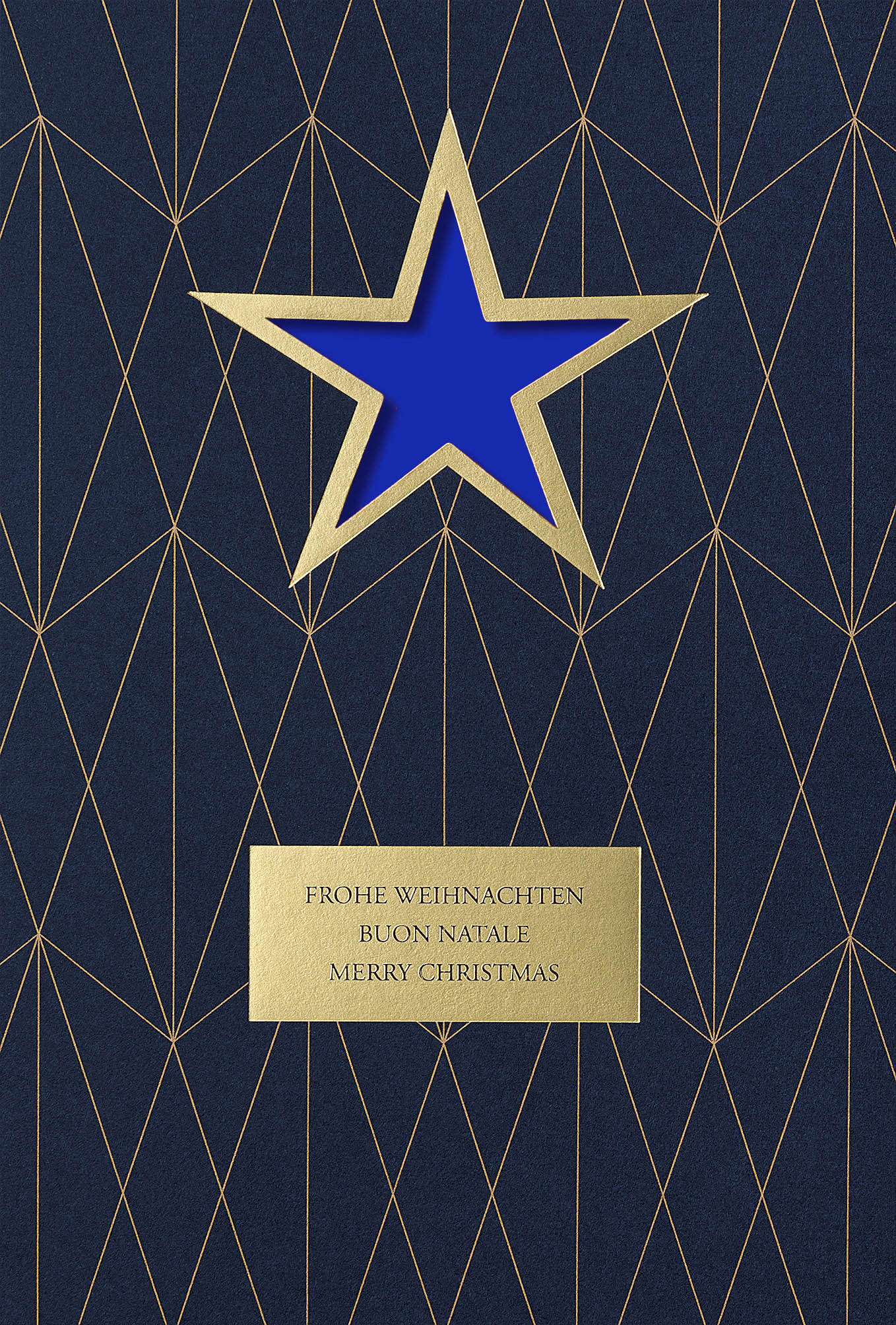 Moderne, mehrsprachige Weihnachtskarte in dunkelblau mit blauem Einlegeblatt und Stanzung