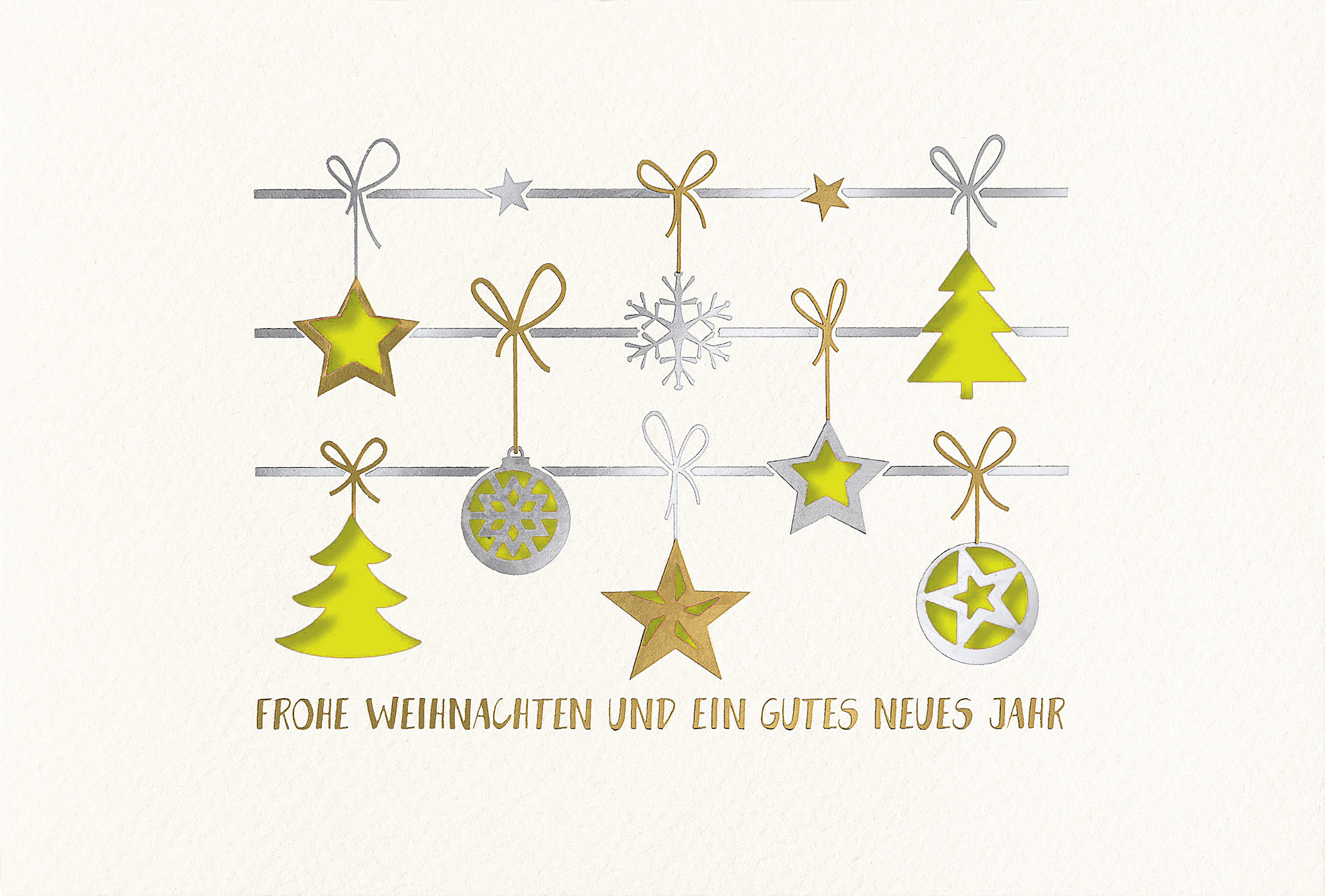 Weiße Weihnachtskarte mit Gold- und Silberfolienprägung sowie Stanzung, Einleger gelb