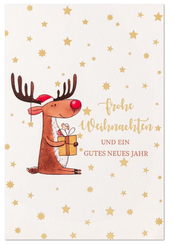 Humorvolle Weihnachtskarte mit putzigem Rentier und goldgeprägtem Weihnachtsgruß und Sterne