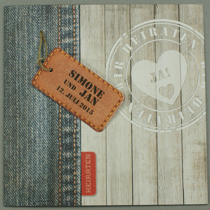 Hochzeitskarte Jeans holz ja wir heiraten quadratisch ba723020
