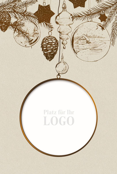 Logo-Weihnachtskarte sandfarben metallic mit runder Stanzung und Weihnachtsmotiven