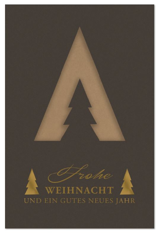 Dunkelbraune Weihnachtskarte mit Goldfolienprägung und Formstanzung Baum sowie naturbraunem Falteinleger