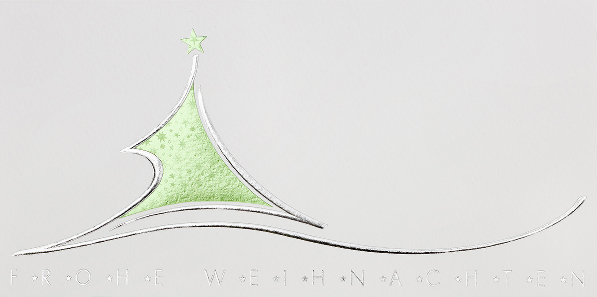 Weihnachtskarte weiß m. Weihnachtsbaum Folienprägung grün silber