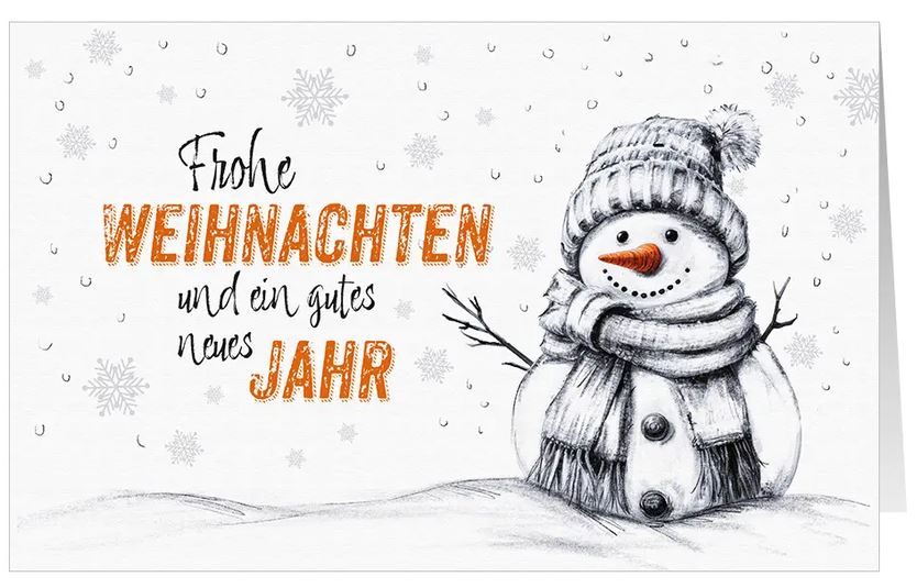 Heitere Weihnachtskarte "Herzlicher Schneegruß" mit Weihnachtsgruß und lächelndem Schneemann