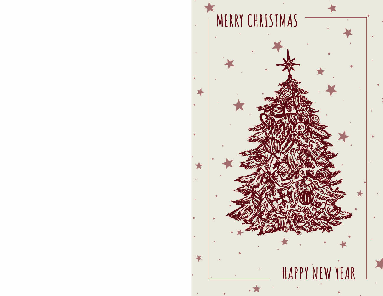 Festliche Weihnachtskarte in creme "Festlicher Tannenzauber" mit geschmücktem Christbaum und Sternenhintergrund sowie englischsprachigem Gruß