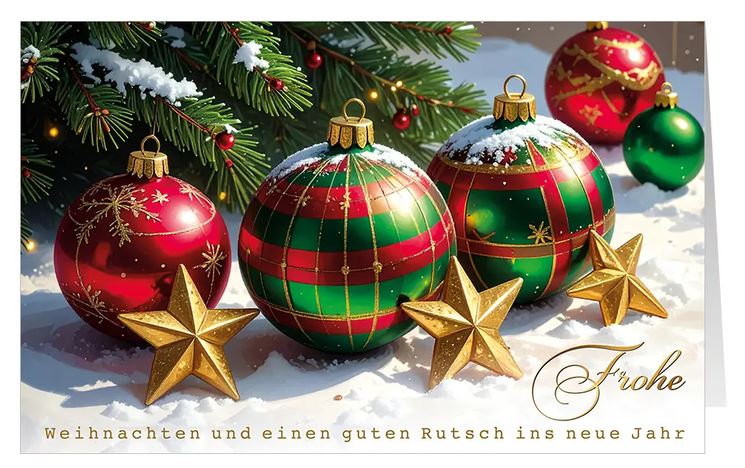 Traditionelle Weihnachtskarte "Festtagsfreude" mit Weihnachtskugeln, Sternen und Grüßen im klassischen Stil