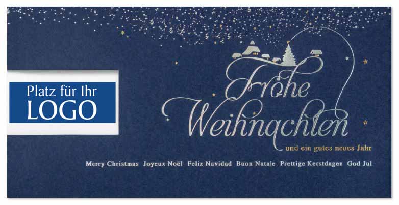 Mehrsprachige Firmenweihnachtskarte blau "Winterdorf" mit Fensterstanzung und internationalen Grüßen, DIN lang