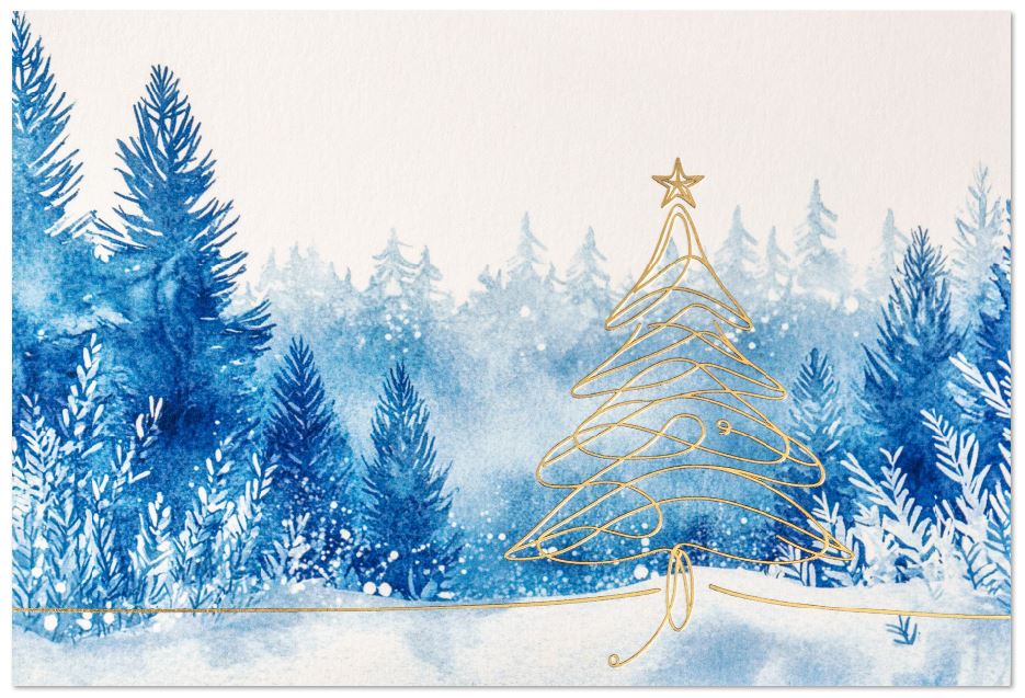 Spendenkarte für die Kindernothilfe "Blauer Winterzauber" mit Tannenwald und Goldfolienprägung