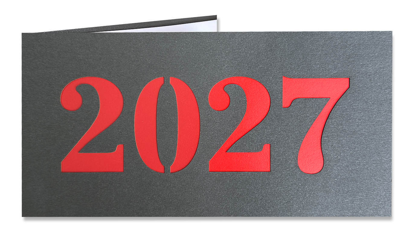 Graue Metallic-Neujahrskarte mit Laserstanzung 2027 und rotem Einlegeblatt