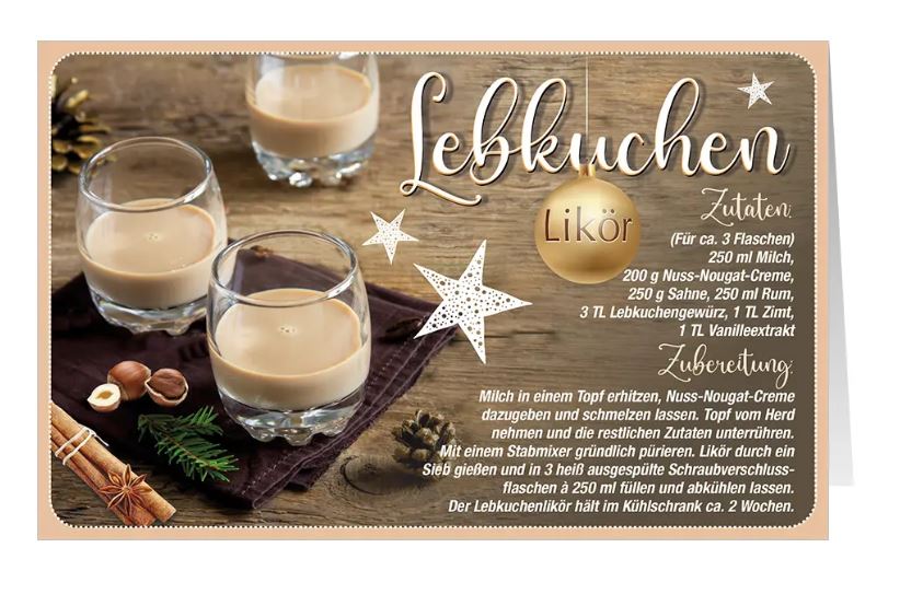 Weihnachtliche Rezeptkarte "Festlicher Likör" mit Zubereitung und Zutatenliste für Lebkuchenlikör