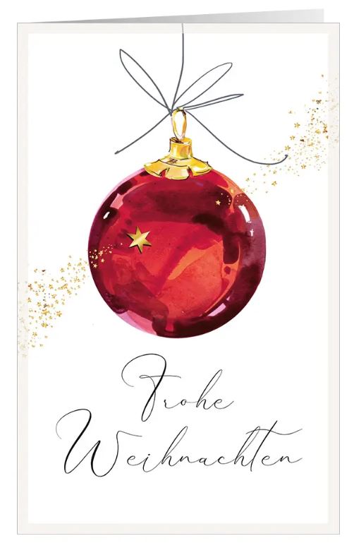 Weihnachtskarte "Aquarellkugel" mit roter, hängender Weihnachtskugel und "Frohe Weihnachten"