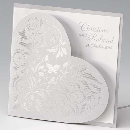 Hochzeitskarte silber-perlmut-metallic mit Herz-Formstanzung