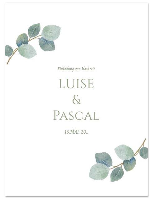 Einladungskarte zur Hochzeit "Botanical" in weiß mit Eukalyptusblättern im Aquarell-Design