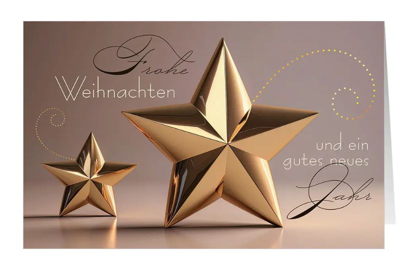 Edle Weihnachtskarte "Pure Eleganz" mit goldenen Sternen und Weihnachts- sowie Neujahrsgruß