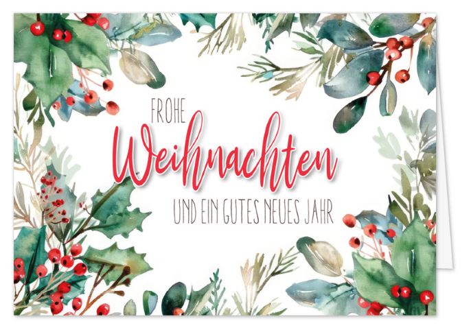 Florale Aquarell-Weihnachtskarte mit Rahmen aus Stechpalmen und mittig gedrucktem Weihnchtsgruß