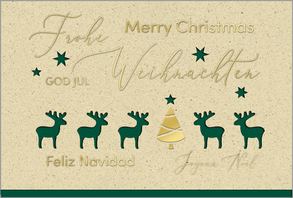 Weihnachtskarte mit Rentieren und internationalen Grüßen in gold, Einleger dunkelgrün