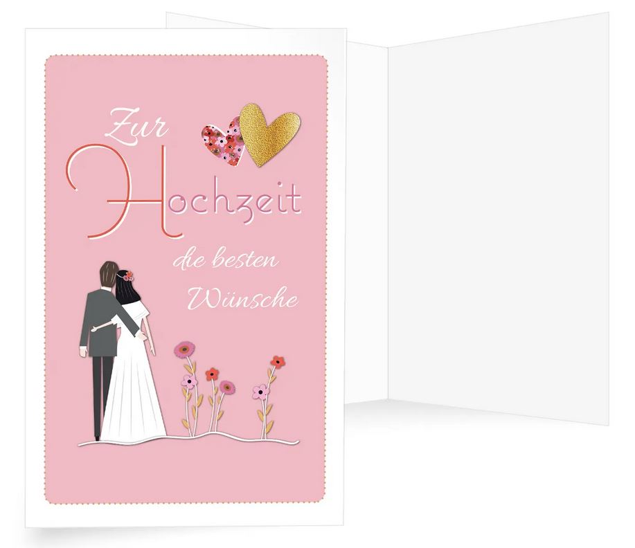 Romantische Grußkarte zur Hochzeit mit Braut, Bräutigam und zwei Herzen und Blumen