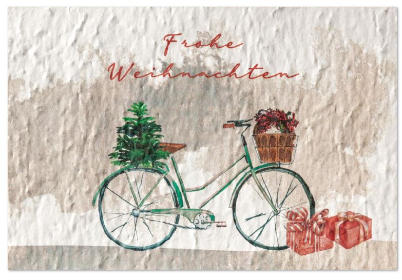 Originelle Samenpapierkarte "Nostalgie" als pflanzbare Weihnachtskarte mit Vintage-Fahrrad, Geschenken und kleinem Baum