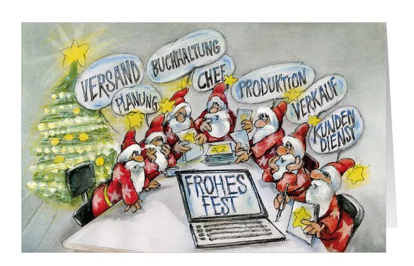 Originelle Branchenweihnachtskarte "Merry Business" für Firmen aller Art mit internen Abteilungen
