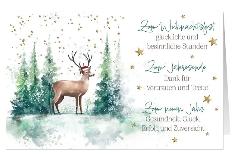Stilvolle Firmenweihnachtskarte "Festlicher Hirsch" mit geschäftlichen Weihnachtsgrüßen und Dank für Vertrauen und Treue