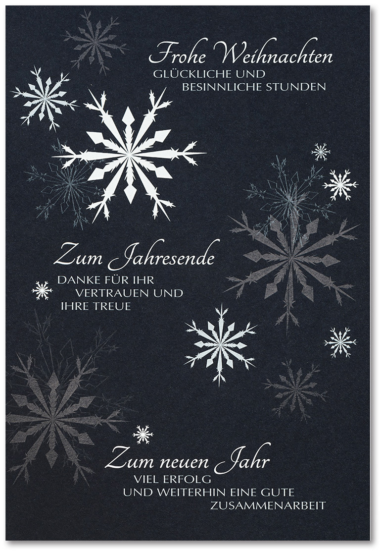 Weihnachtskarte nachtblau mit weißen Sternen und geschäftlichem Text