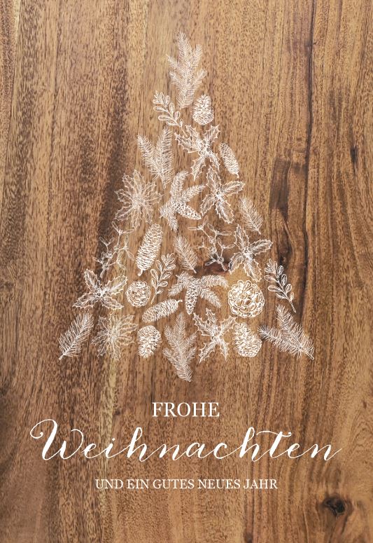 Weihnachtskarte mit Baum aus weißen Zweigen, Zapfen und Weihnachtsgruß auf braunem Hintergrund in Holzoptik.