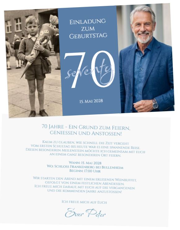 Geburtstagseinladung "Zeitenreise" zum 70. Geburtstag als Einzelkarte mit eigenen Bildern und Text