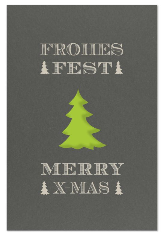 Graue Weihnachtskarte "X-Mas Wishes" mit Formstanzung Baum, Silberprägung und grünem Einlegeblatt