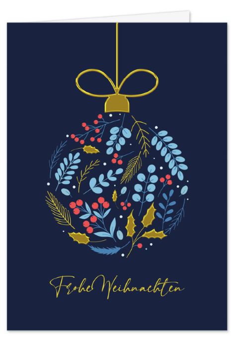 Nachtblaue Weihnachtskarte „Florale Weihnachtskugel" im eleganten Design mit gutem Zweck: Kinderkrebs-Stiftung