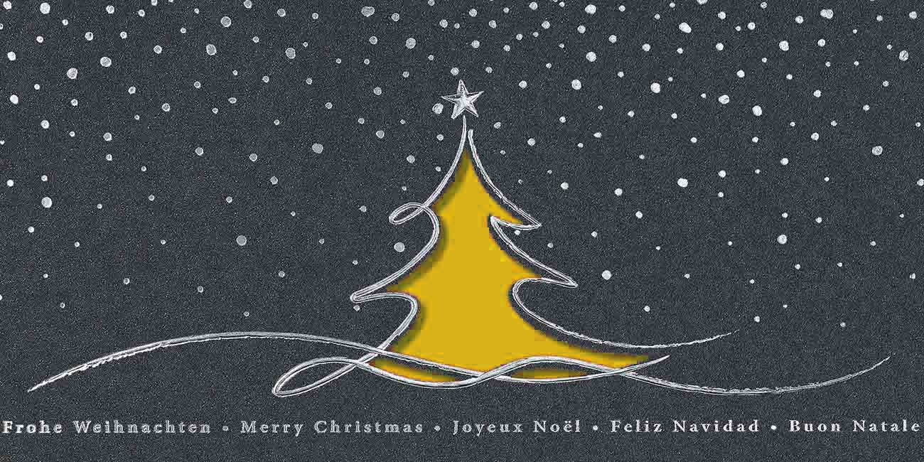 Internationale Weihnachtskarte mit Stanzung in anthrazit mit gelbem Falteinlegeblatt