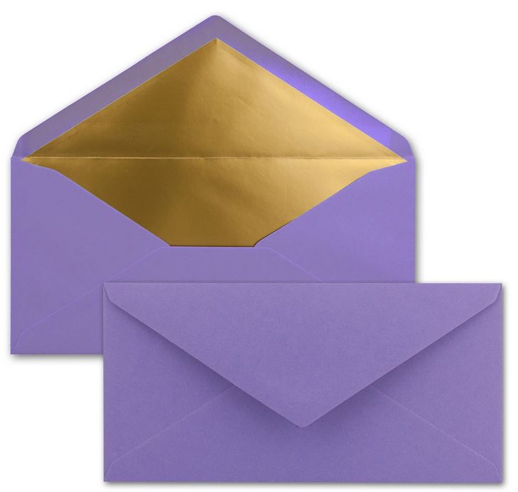 Briefumschlag DIN lang violett mit Gold-Metallic-Innenfutter, nassklebend, 22x11 cm 