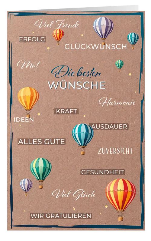 Glückwunschkarte "Grenzenlos" mit positiven Worten, bunten Heißluftballons und Glückwünschen