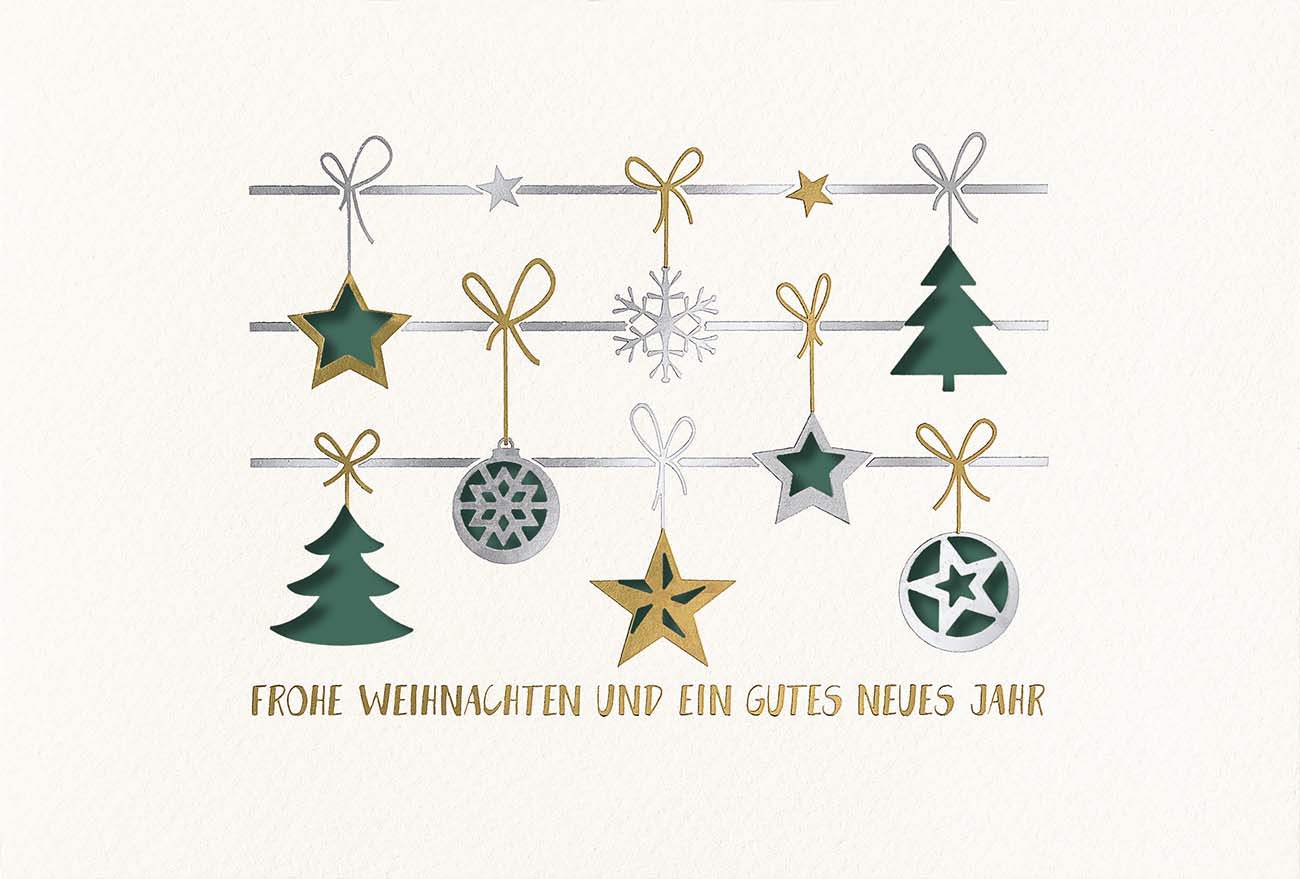 Weiße Weihnachtskarte mit Gold- und Silberfolienprägung sowie Stanzung, Einleger grün