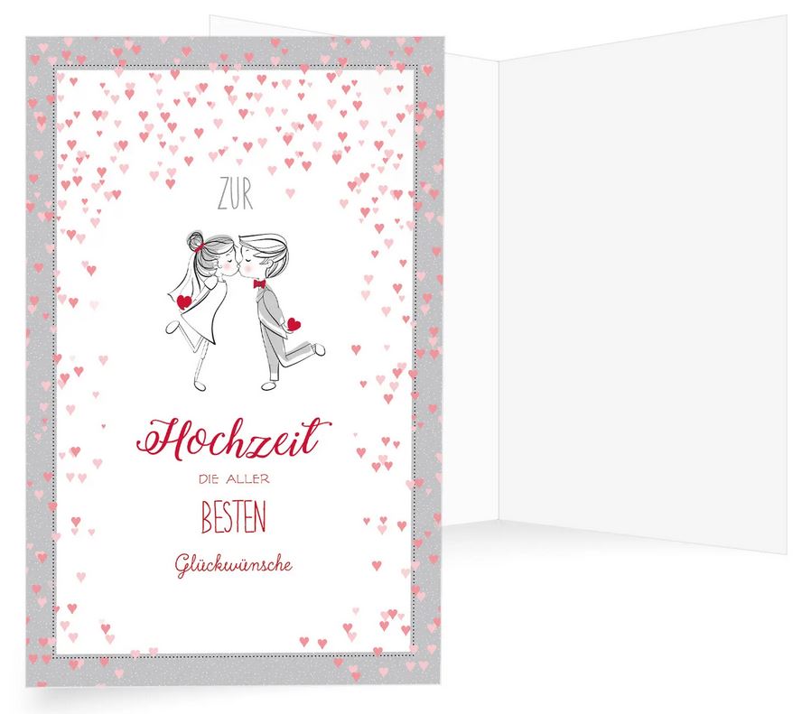 Bezaubernde Glückwunschkarte zur Hochzeit mit vielen Herzen und sich küssendem Brautpaar
