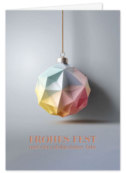Moderne Firmen-Weihnachtskarte „Origami-Kugel“ in mattem Grau mit Weihnachtskugel in bunten Pastellfarben