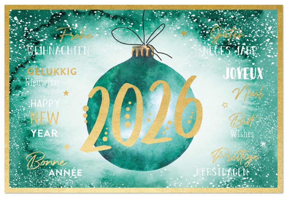 Internationale Spendenweihnachtskarte in türkis mit Weihnachtskugel für die Deutsche Krebsgesellschaft