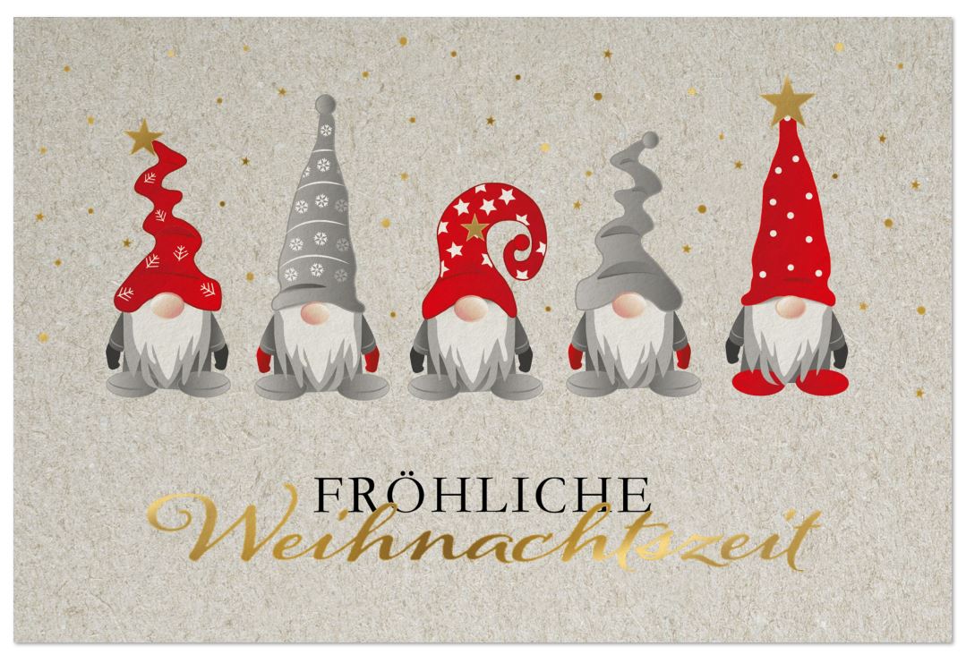 Heitere Weihnachtskarte "Fröhliche Wichtelparade" mit putzigen Wichtelmännchen und Weihnachtsgruß, inkl. Einlegeblatt