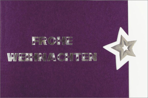 Weihnachtskarte Frohe Weihnachten mit Stern violett silber Stanzung Folienprägung
