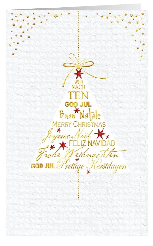 Mehrsprachige Weihnachtsgrußkarte "Weltweite Grüße" mit edler Goldfolienprägung, Weihnachtsbaum und Sternen