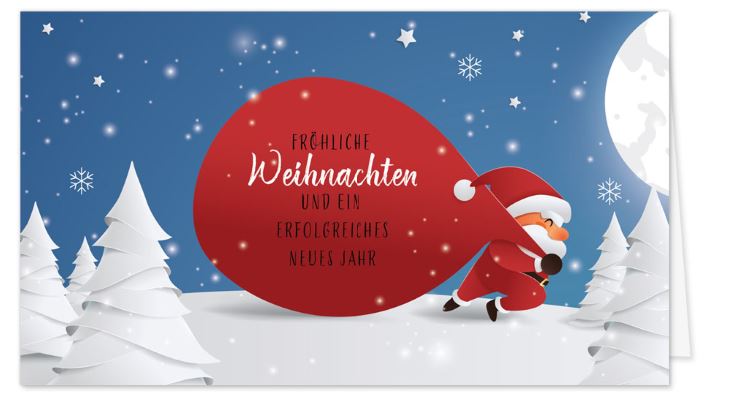 Humorvolle Firmenweihnachtskarte "Fleißiger Weihnachtsmann" im budgetschonenden Kleinformat