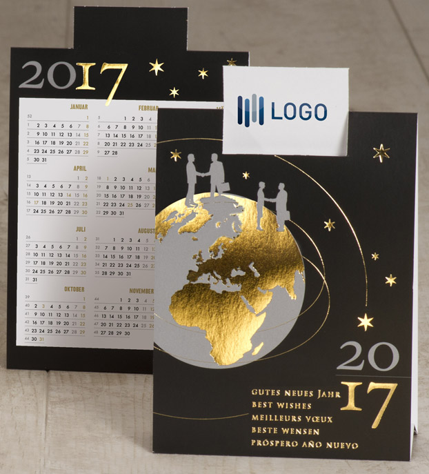 Neujahrskarte international zum Aufstellen mit Kalender für 2017 Logokarte