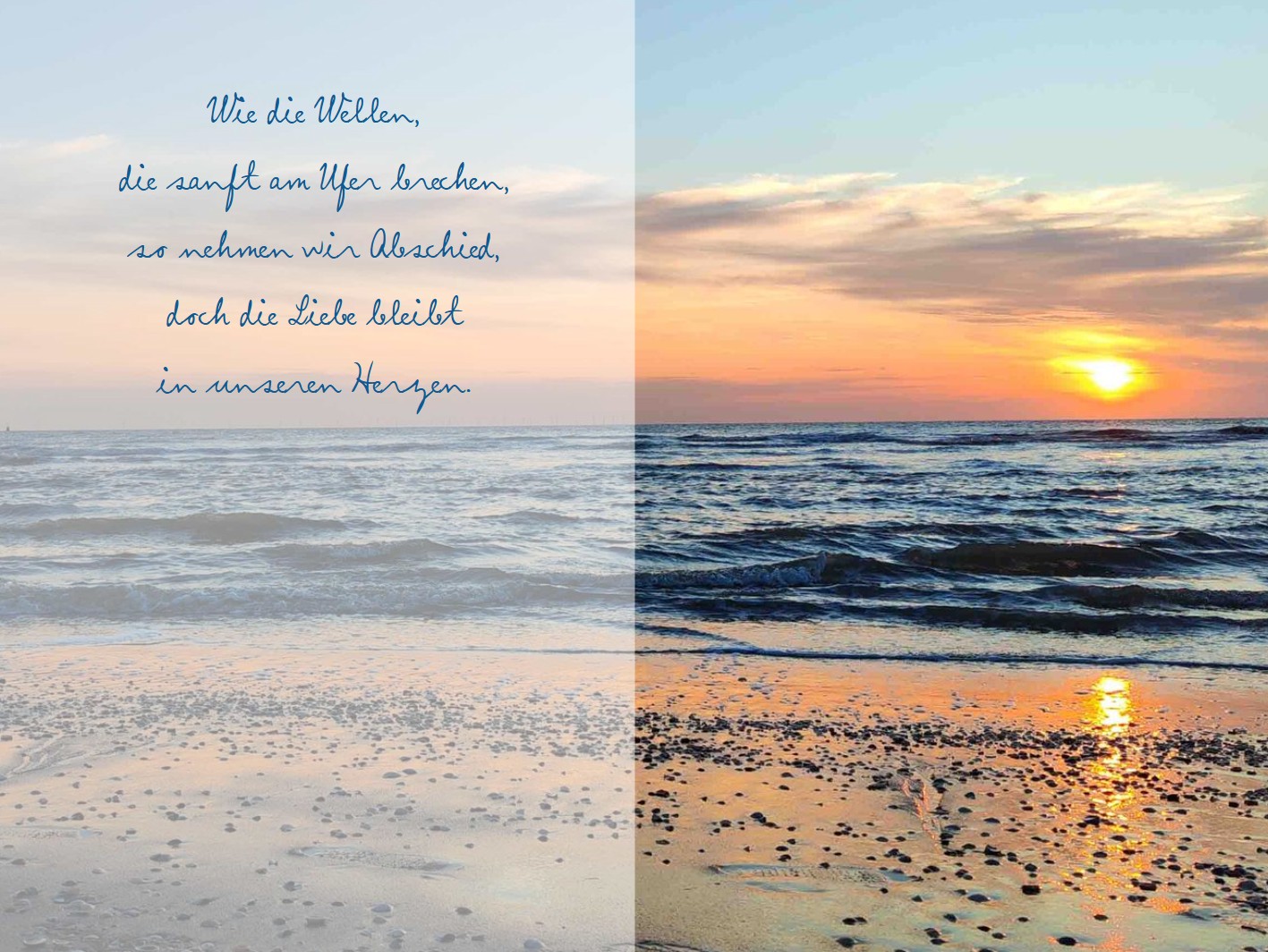 Gedenkbild / Trauer-Erinnerungskarte mit maritimem Sonnenuntergang-Motiv und eigenem Foto sowie individuellem Text.