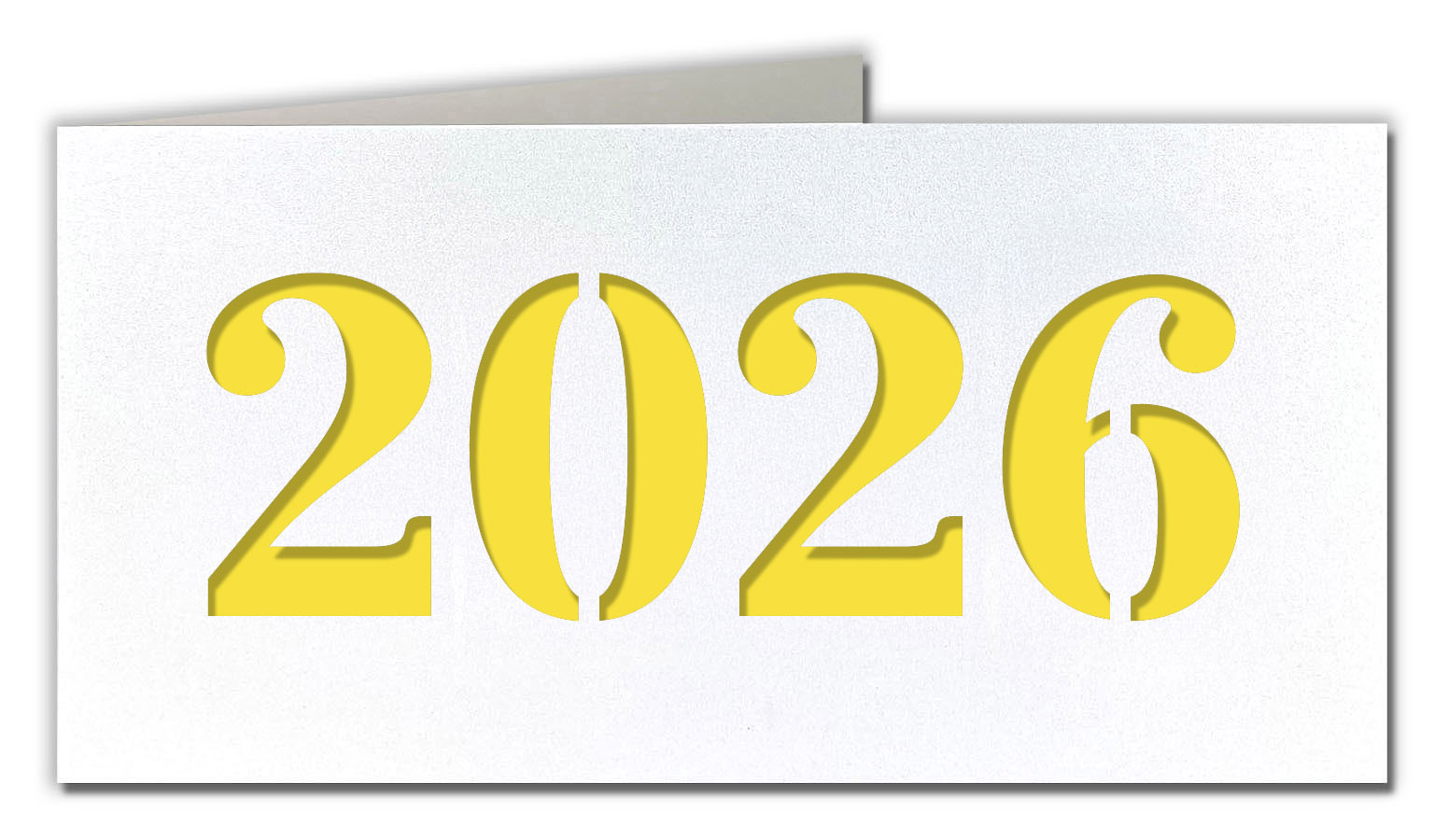 Neujahrskarte weiß metallic mit Laserstanzung 2026 und gelbem Einlegeblatt