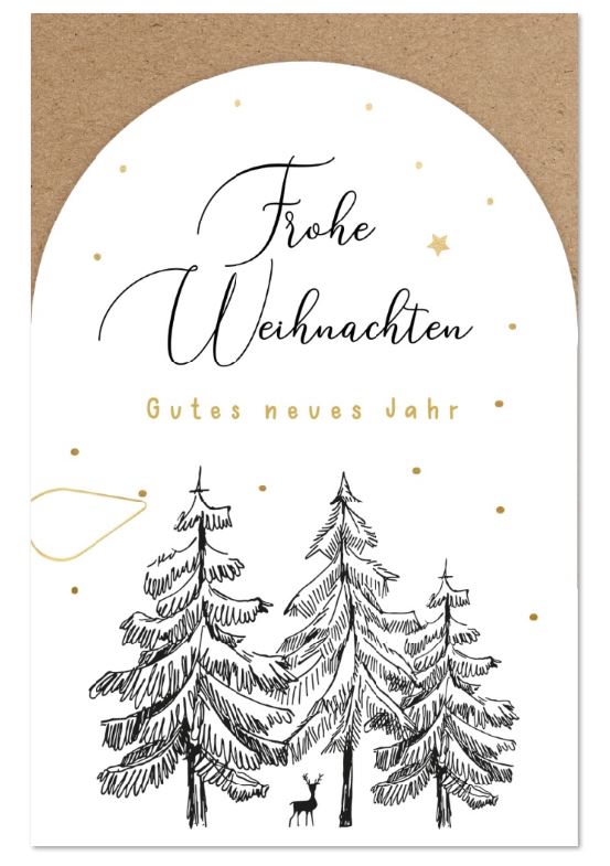 Spendengrußkarte mit Tannenbäumen, Hirsch und Weihnachtsgruß sowie gutem Zweck: Deutsche Krebsgesllschaft e.V,