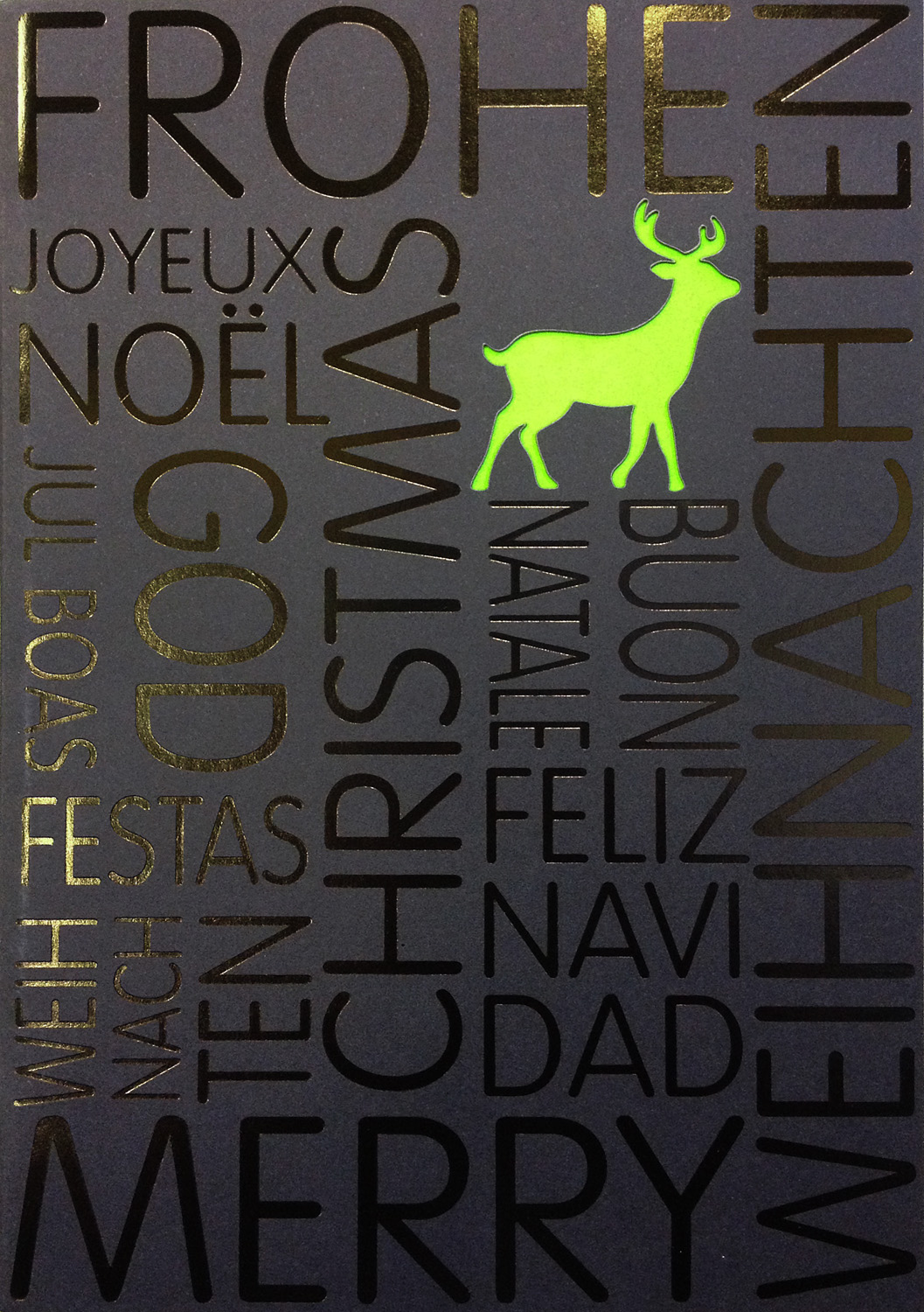 Weihnachtskarte nachtblau Frohe Weihnachten mit Rentier grün