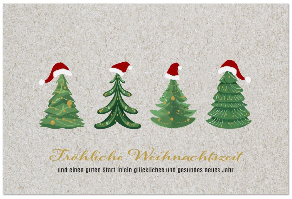 Heitere Weihnachtskarte mit roten Weihnachtsmützen auf grünen Tannenbäumen und weihnachtlichem Gruß